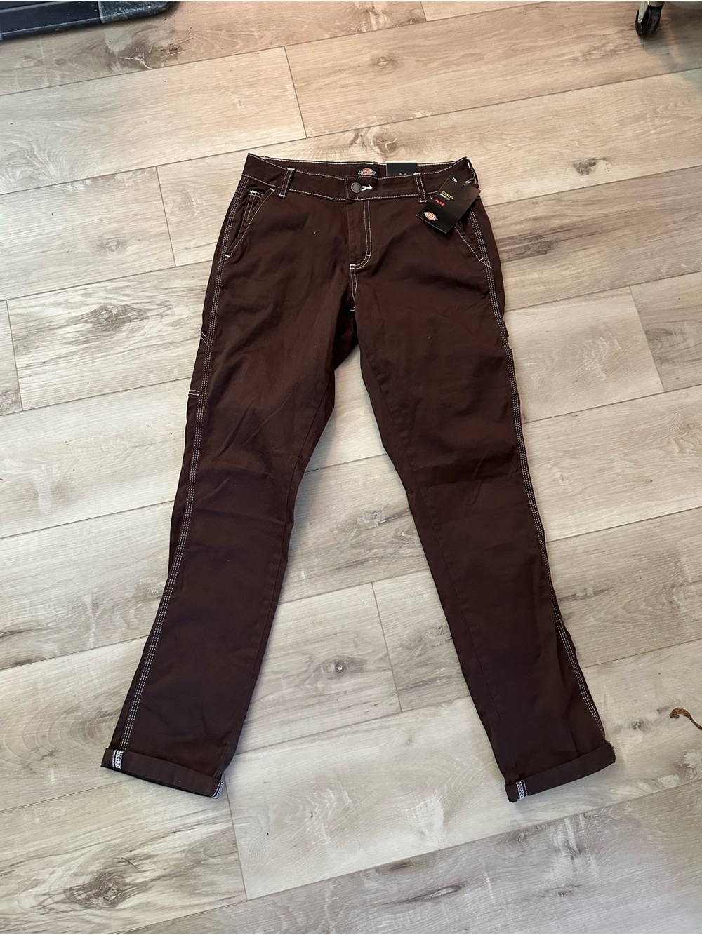 Dickies Brown Straight Leg Pants with White Stitching